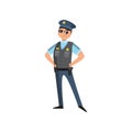 Policeman in blue uniform with a police badge in a cap and glasses performs his daily work protecting people Royalty Free Stock Photo