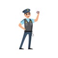 Policeman in blue uniform with a police badge in a cap and glasses performs his daily work protecting people Royalty Free Stock Photo