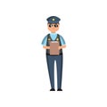 Policeman in blue uniform with a police badge in a cap and glasses performs his daily work protecting people Royalty Free Stock Photo