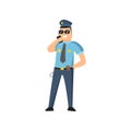 Policeman in blue uniform with a police badge in a cap and glasses performs his daily work protecting people Royalty Free Stock Photo