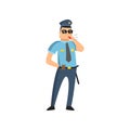 Policeman in blue uniform with a police badge in a cap and glasses performs his daily work protecting people Royalty Free Stock Photo