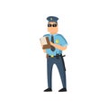 Policeman in blue uniform with a police badge in a cap and glasses performs his daily work protecting people Royalty Free Stock Photo