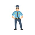 Policeman in blue uniform with a police badge in a cap and glasses performs his daily work protecting people Royalty Free Stock Photo