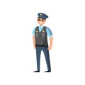 Policeman in blue uniform with a police badge in a cap and glasses performs his daily work protecting people Royalty Free Stock Photo