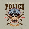 Policeman in cap and two crossed batons vintage emblem, label, badge or logo with policeman in cap. Vector illustration Royalty Free Stock Photo