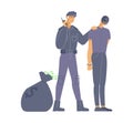 Policeman caught criminal flat vector illustration. Police officer in uniform and bank burglar in mask cartoon