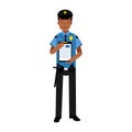 Policeman character in a blue uniform holding clipboard with form for police report Illustration