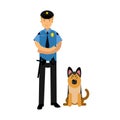 Policeman character in a blue uniform standing with german shepherd, police dog Illustration Royalty Free Stock Photo