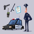 Policeman character and police car. Cartoon vector illustration
