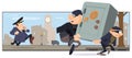 Policeman chase thieves with safe. Illustration for internet and mobile website