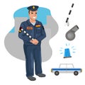 Policeman and car. Professions, character and items for his work. Children education. Exercise for preschoolers. Vector Royalty Free Stock Photo