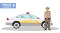 Policeman concept. Detailed illustration of sheriff and police car in flat style on white background. Vector Royalty Free Stock Photo