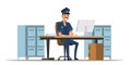 Policeman deskwork. Security man in uniform working at desk in office setting with filing cabinets. Flat vector Royalty Free Stock Photo