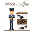 A policeman drinks coffee. Flat vector illustration