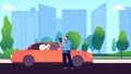 Policeman and female driver. Car inspector write fine to intruder. Speed traffic violation or wrong parking. Safety Royalty Free Stock Photo