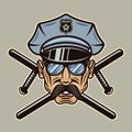 Policeman in hat with sunglasses and two crossed batons vector illustration in colorful cartoon style isolated on light Royalty Free Stock Photo