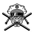 Policeman in hat with sunglasses and two crossed batons vector illustration in monochrome vintage style isolated on Royalty Free Stock Photo