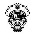 Policeman head with bristle in hat vector illustration in monochrome vintage style isolated on white background