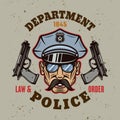 Policeman head in cap with mustache and two guns vintage emblem, label, badge or logo. Vector illustration in colorful