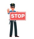 Policeman holding sign STOP and showing hand gesture stop. Police officer in uniform hold forbidden sign. Automobile