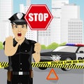 Policeman holding stop sign and showing stop gesture warning about the accident near police car