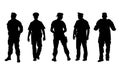 Policeman officer on duty vector silhouette isolated on white background. Police man in uniform in patrol on street. Royalty Free Stock Photo