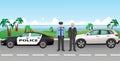 Policeman and police patrol on a road with stopped car and it driver. Police and civil men characters.