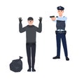 Policeman in police uniform pointing gun at robber or burglar. Cop arresting thief standing with hands up. Detention of