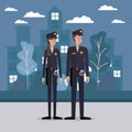 Policeman and policewoman at the city vector design