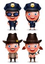 Policeman, policewoman, sheriff and cowgirl vector characters set