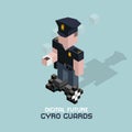 Policeman riding electric gyroscooter. Cubes composition isometric illustration of modern device gyro scooter. Cop with cup