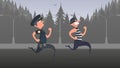 A policeman runs after a thief. A criminal escapes from the policeman. Cartoon style. Vector.