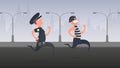 A policeman runs after a thief. The criminal escapes from the policeman. Cartoon style. Vector.