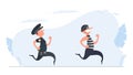 A policeman runs after a thief. The criminal escapes from the policeman. Cartoon style. Vector.