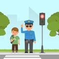 Policeman shows and explains the highway code for student. Pedestrian traffic light. Traffic at the crossroads.