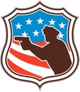 Policeman Silhouette Pointing Gun Flag Shield Retro