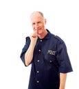 Policeman smiling with finger in mouth