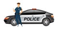 Policeman standing by patrol car flat color vector faceless character Royalty Free Stock Photo