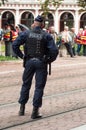 Policeman standing in the street during the protest against pension reform