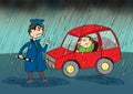 Policeman stopping car in the rain, cartoon