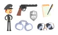 Policeman Symbols and Attributes with Handcuffs and Shiny Button Vector Set