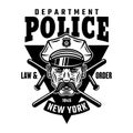 Policeman, two crossed batons and text police department. Vector emblem or t-shirt print in monochrome style isolated on Royalty Free Stock Photo