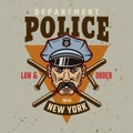 Policeman, two crossed batons and text police department. Vector illustration in colorful cartoon style on light Royalty Free Stock Photo