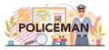 Policeman typographic header. Detective making interrogation. Police officer