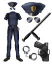 Policeman uniform, ammunition cartoon vector set