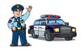 Policeman in uniform and police car. Cartoon set