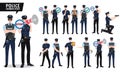 Policeman vector character set. Police officer characters holding gun and placard with signs