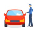 Policeman writing speeding ticket driver parking attendant traffic warden car concept vector. Royalty Free Stock Photo