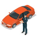 Policeman writing speeding ticket for a driver. Road traffic safety regulations. Police officer giving a ticket for bad Royalty Free Stock Photo