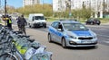 Policemen patrol streets in a deserted city during quarantine announced in connection with the spread of coronavirus